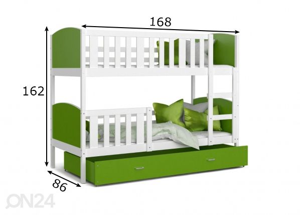 Комплект двухъярусной кровати 80x160 cm, белый/зелёный размеры