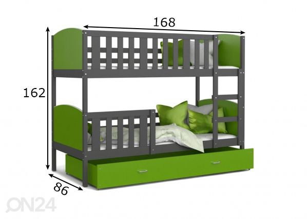 Комплект двухъярусной кровати 80x160 cm, серый/зелёный размеры