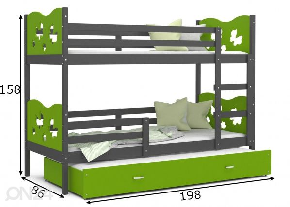 Комплект двухъярусной кровати 80x190 cm, серый/зелёный размеры