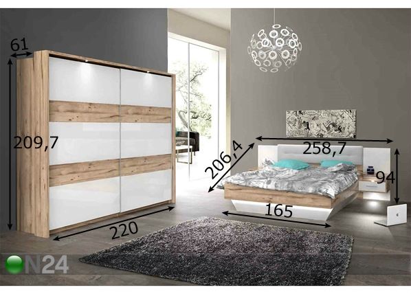 Кровать 160x200 cm, шкаф платяной, 2 тумбы размеры