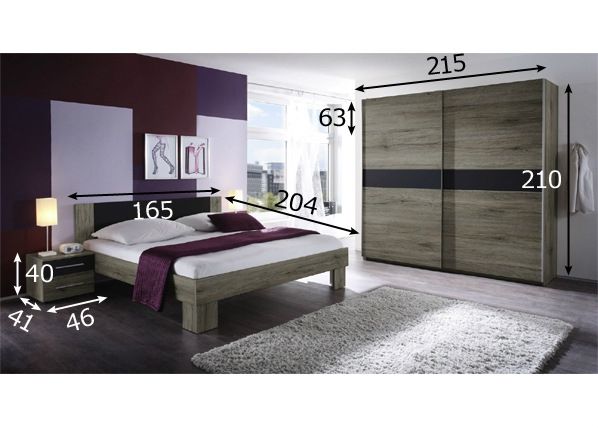 Кровать 160x200 cm, шкаф, 2 тумбы размеры