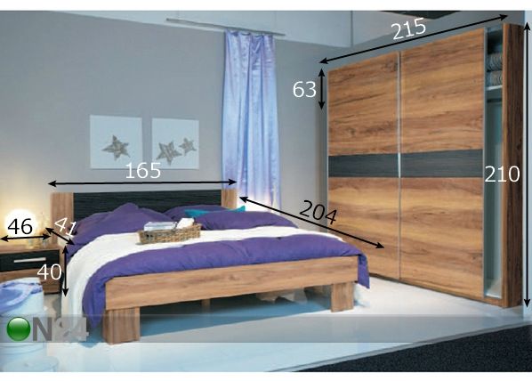 Кровать 160x200 cm, шкаф, 2 тумбы размеры
