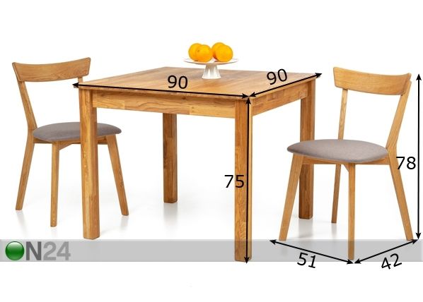 Обеденный стол из дуба Lem 90x90 cm + 2 стула Viola серый размеры