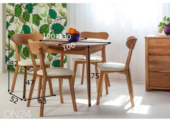 Обеденный стол из массива дуба Scan 100x100/130 cm+ 4 стула Irma размеры