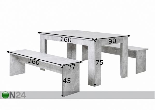 Обеденный стол 160x90 cm + 2 скамьи размеры
