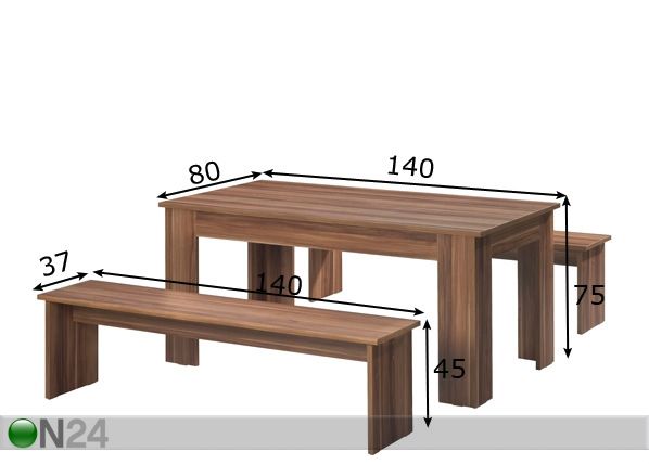 Обеденный стол München 80x140cm + 2 скамьи размеры