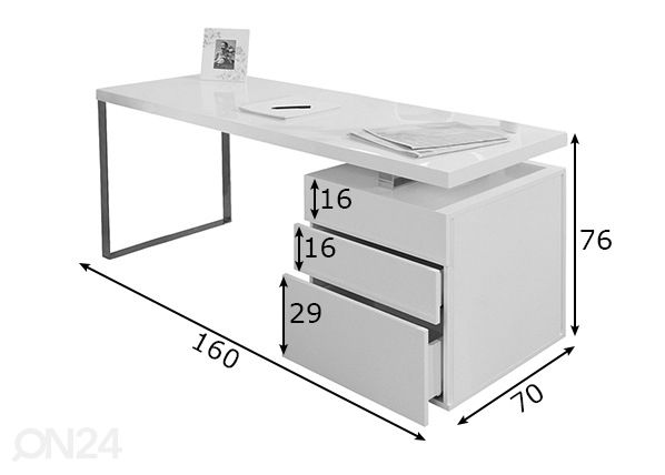 Рабочий стол 70x160 cm, белый глянцевый размеры