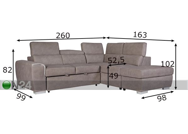 Угловой диван-кровать с ящиком Elba, правый угол размеры