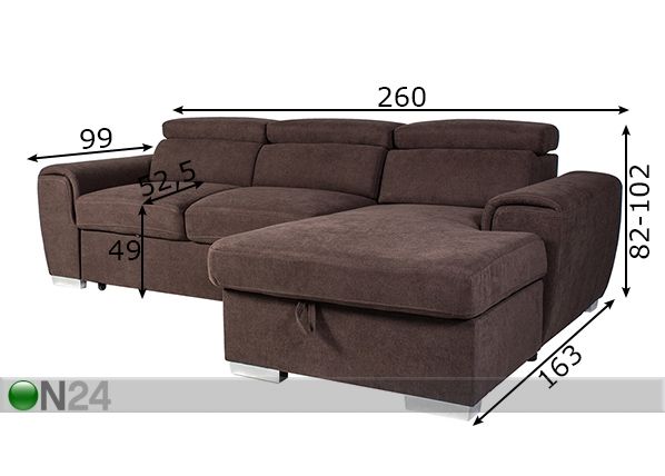Угловой диван-кровать с ящиком Elba, правый угол размеры