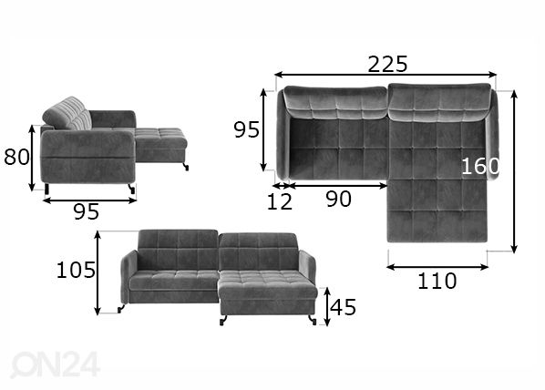 Угловой диван-кровать Lorelle размеры