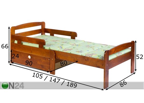 Удлиняющаяся детская кровать Kiku + ящик размеры
