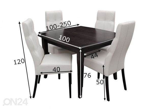 Удлиняющийся обеденный стол 100x100-250 cm + 4 стула размеры