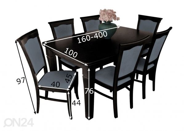 Удлиняющийся обеденный стол 100x160-400 cm + 6 стульев размеры