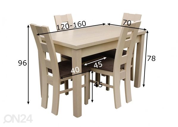Удлиняющийся обеденный стол 70x120-160 cm + 4 стульев размеры