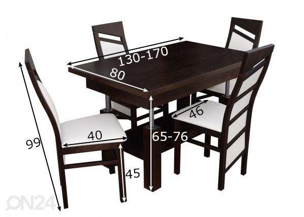 Удлиняющийся обеденный стол 80x130-170 cm + 4 стула размеры