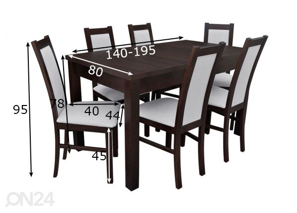 Удлиняющийся обеденный стол 80x140-195 cm + 6 стульев размеры