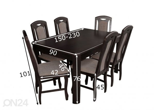 Удлиняющийся обеденный стол 90x150-230 cm + 6 стульев размеры