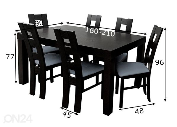 Удлиняющийся обеденный стол 90x160-210 см + 6 стульев размеры