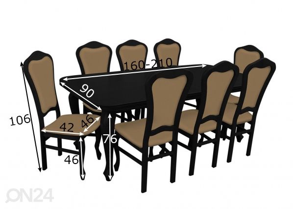 Удлиняющийся обеденный стол 90x160-210 cm + 8 стульев размеры