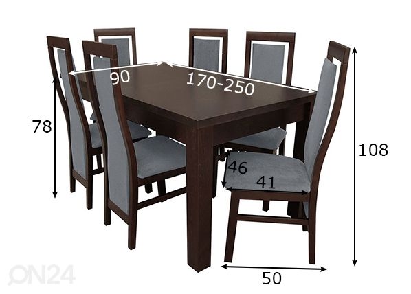 Удлиняющийся обеденный стол 90x170-250 см + 6 стульев размеры