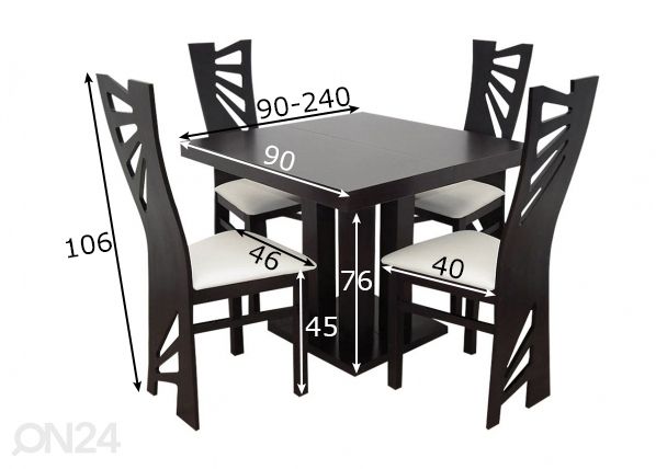 Удлиняющийся обеденный стол 90x90-240 cm + 4 стула размеры