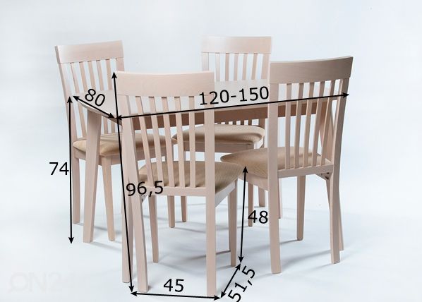 Удлиняющийся стол Bari + 4 стула Modena, белый бук размеры
