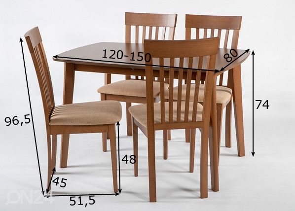 Удлиняющийся стол Bari 80x120-150 cm + 4 стула Modena, орех размеры