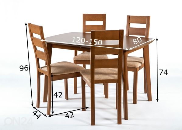 Удлиняющийся стол Bari 80x120-150 cm + 4 стула Parma, орех размеры