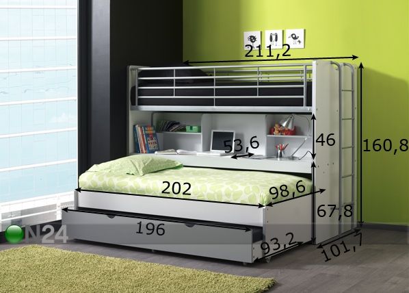 3-местная двухъярусная кровать Bonny 90x200 cm размеры