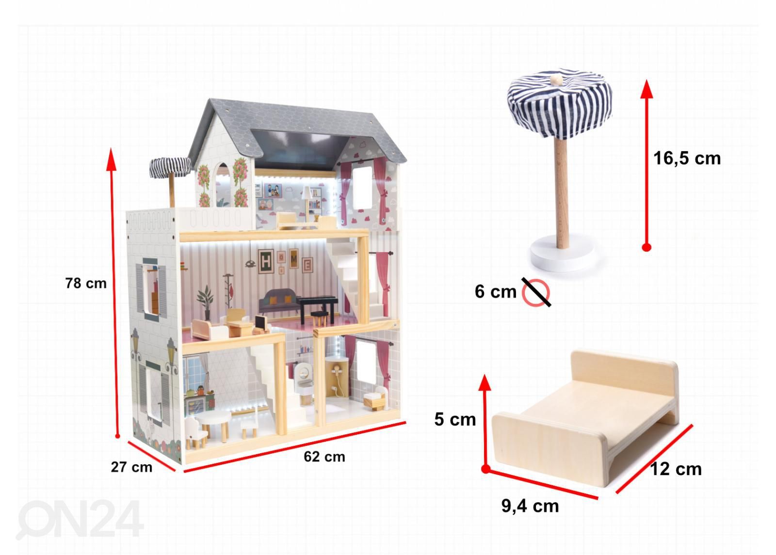 Кукольный домик 78 см со светодиодной подсветкой + мебель увеличить размеры