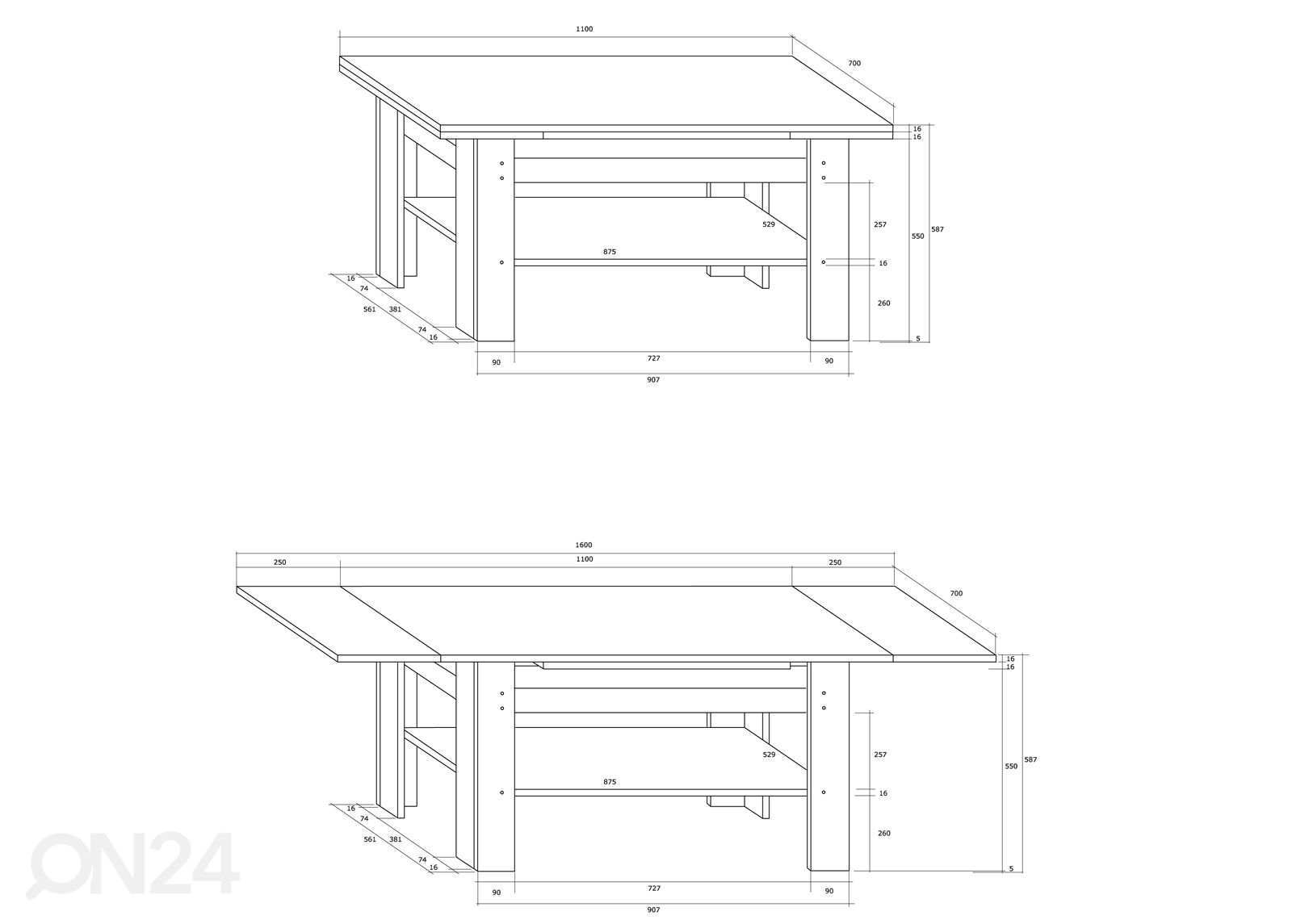 Регулируемый журнальный стол 110/160x70 cm увеличить размеры