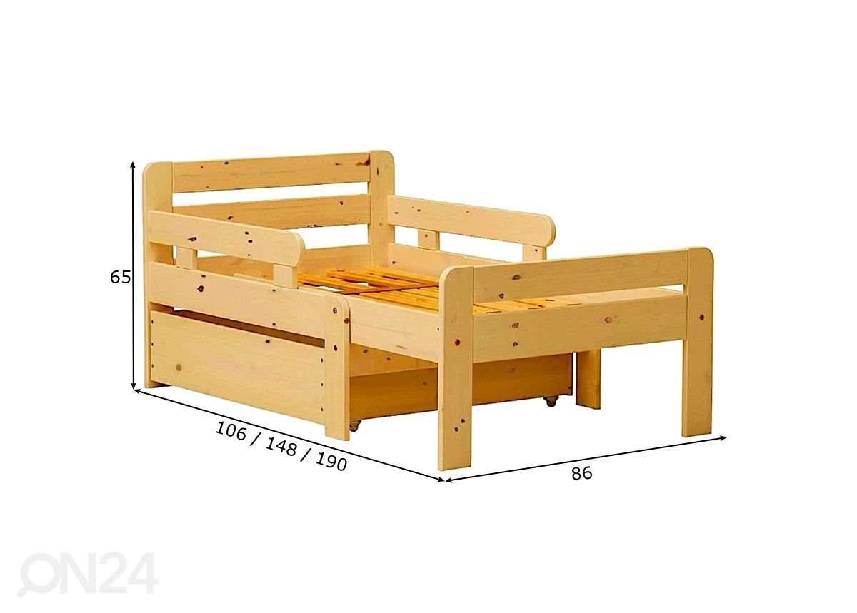 Удлиняющаяся детская кровать из массива сосны Tiina 75x100+42+42 cm + ящик увеличить размеры