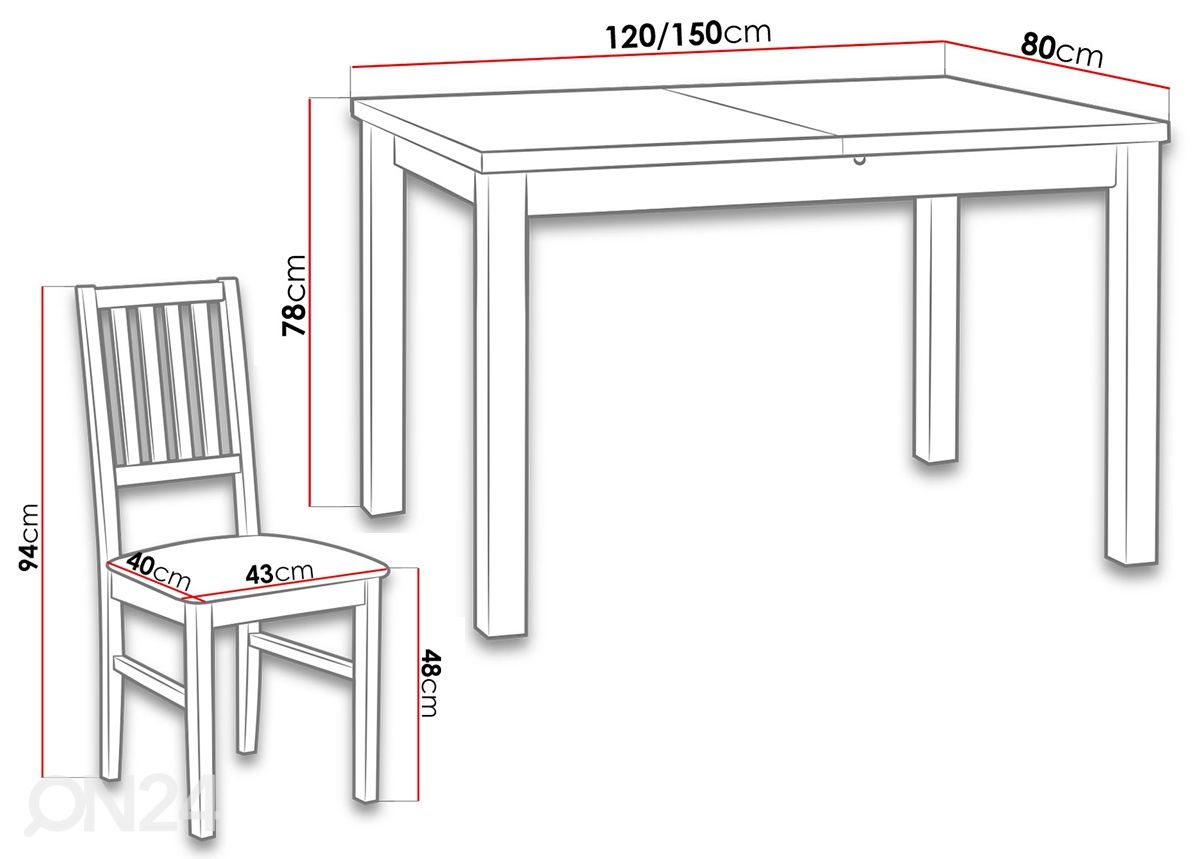 Удлиняющийся обеденный стол 80x120-150 cm + 6 стульев увеличить размеры