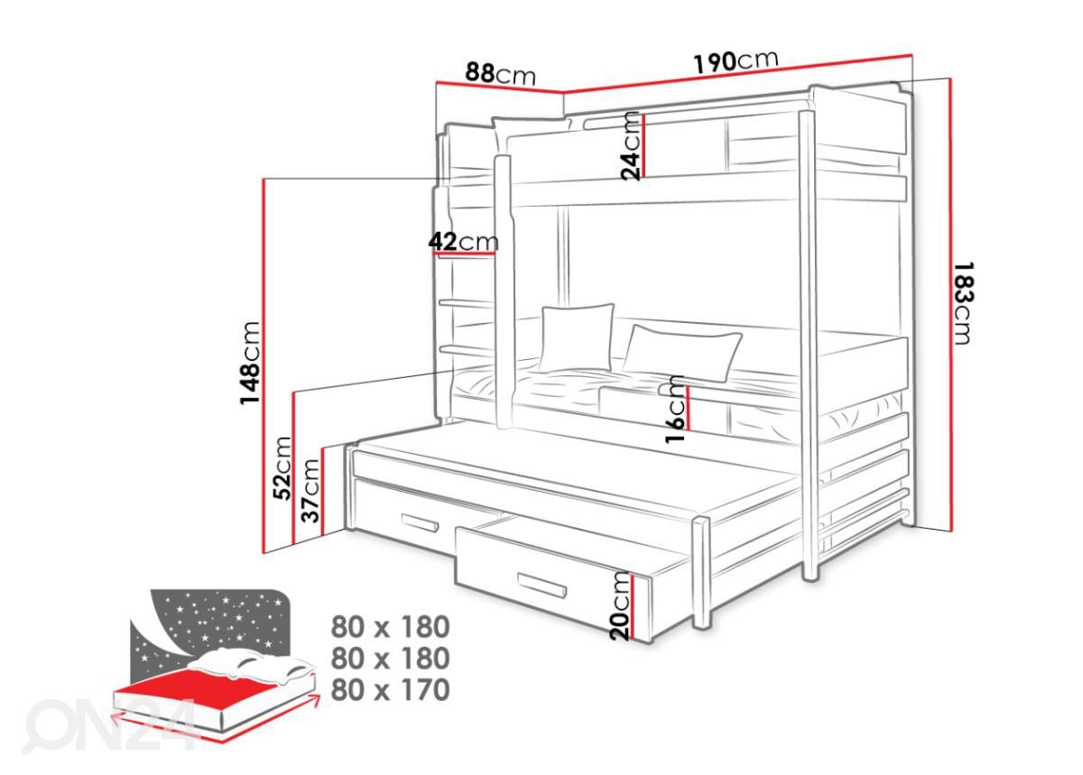 3-местная двухъярусная кровать 80x180 cm увеличить размеры